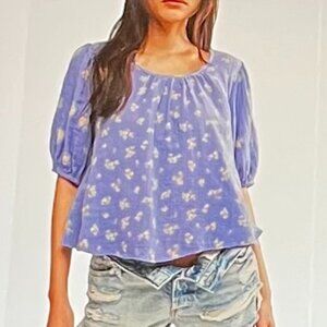 Free People Chloe Mixed Print Back Cutout Top in Indigo Combo (XL) New with Tag